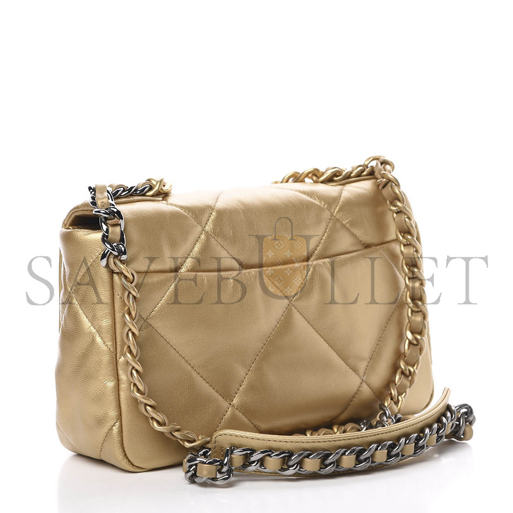 CHANEL 19 FLAP METALLIC GOATSKIN QUILTED MEDIUM GOLD AS0060 (26*16*9cm)